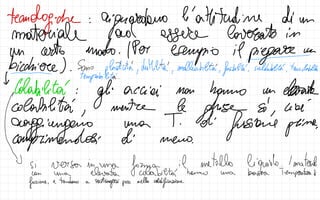 trandogch:
riguardano latitudinee in un
essere lavorato in
un certs mode .
I Per esempio il piegare
in
-
bicchiere.
Sono plasticità, duttilità, mallabilità, fusibilit,
saldalit,
turlabite
temprabilità.
colabilita gli acciei non hanno
Gio
- -
I
mentr le
glisen erato
S S
ragg ingano
una T. di
fusione prima
,
comprimendos di meno.
il metallo liquido .
I materia
si versa
in forbilità hanno una bassa Temperatura
e
con una
fusione
, e tendano a
restringersi poco
nella
solidificazione.
 
