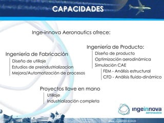 CAPACIDADES
Inge-innova Aeronautics ofrece:
Ingeniería de Producto:
Ingeniería de Fabricación
Diseño de utillaje
Estudios de preindustrializacion
Mejora/Automatización de procesos

Diseño de producto
Optimización aerodinámica
Simulación CAE
FEM - Análisis estructural
CFD - Análisis fluido-dinámico

Proyectos llave en mano
Utillaje
Industrialización completa

 