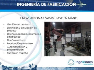 INGENIERÍA DE FABRICACIÓN
LÍNEAS AUTOMATIZADAS LLAVE EN MANO
•
•
•

•
•
•
•

Gestión del proyecto
Definición y simulación del
proceso
Diseño mecánico, neumático
e hidráulico
Diseño eléctrico
Fabricación y montaje
Automatización y
programación
Puesta en marcha

 