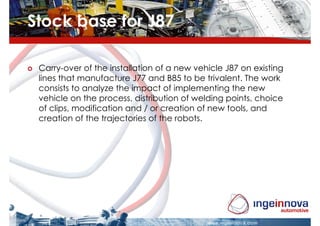 Stock base for J87

 Carry-over of the installation of a new vehicle J87 on existing
 lines that manufacture J77 and B85 to be trivalent. The work
 consists to analyze the impact of implementing the new
 vehicle on the process, distribution of welding points, choice
 of clips, modification and / or creation of new tools, and
 creation of the trajectories of the robots.
 