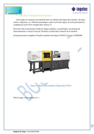 Rapport de stage : Zineb BOUSTANE
27
ü 2éme étape : Etude générale des machines :
Cette étape est consacré à la recherche dans les schémas électriques des machine des deux
sorties « Injection » et « Marche automatique » pour avoir notre signal de sortie permettant le
comptage de cycle (Voir exemple dans Annexe 1).
Pour faire elle est nécessaire l’étude de chaque machine, sa technologie, son principe de
fonctionnement, et savoir le lieu de l’interface à utilisé dans l’armoire de la machine.
On prend comme exemplaire d’étude la machine électrique FANNUC de type S-2000i50B
Figure 5 : Photo de la machine d’Injection FANUC
Dans la page « état machine i/o » :
 