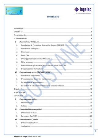 Rapport de stage : Zineb BOUSTANE
3
Sommaire
Introduction...............................................................................................................................................5
Chapitre 1 :................................................................................................................................................6
Présentation de .........................................................................................................................................6
la société INJELEC.......................................................................................................................................6
I. Présentation d’INGELEC..............................................................................................................7
1. Introduction de l’organisme d’accueille : Groupe SEKKAT........................................................7
2. Introduction sur Ingelec : ............................................................................................................8
3. Historique :.................................................................................................................................9
4. Dates Clés ................................................................................................................................10
5. Développement de la société INGELEC ...................................................................................11
6. Fiche technique : ......................................................................................................................12
7. Les différentes spécialités de production des unités INGELEC :................................................12
8. L’organigramme hiérarchique :.................................................................................................14
II. Présentation de service MAINTENANCE :.................................................................................14
1. Introduction sur le service.........................................................................................................14
2. L’organigramme du service maintenance : ................................................................................15
3. La politique de la maintenance..................................................................................................15
4. La relation du service maintenance avec les autres services.......................................................16
Chapitre 2 :..............................................................................................................................................18
Projet de stage.........................................................................................................................................18
Introduction :...........................................................................................................................................19
I. Présentation de projet :................................................................................................................19
1. Problématique :.........................................................................................................................19
2. Solution :..................................................................................................................................19
III. Etude des éléments de projet :......................................................................................................19
1. Définition d’un MES ................................................................................................................19
2. Le concept d’un MES ...............................................................................................................20
IV. Présentation de Cyclades :...........................................................................................................21
1. Définition de Cyclades..............................................................................................................21
2. Applications .............................................................................................................................21
 