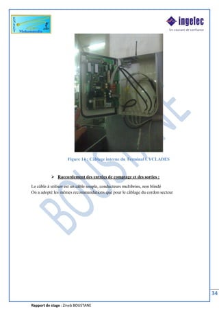 Rapport de stage : Zineb BOUSTANE
34
Figure 14 : Câblage interne du Terminal CYCLADES
Ø Raccordement des entrées de comptage et des sorties :
Le câble à utiliser est un câble souple, conducteurs multibrins, non blindé
On a adopté les mêmes recommandations que pour le câblage du cordon secteur
 