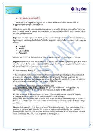 Rapport de stage : Zineb BOUSTANE
8
2. Introduction sur Ingelec :
Créée en 1975, Ingelec est aujourd’hui le leader Arabo-africain de la fabrication de
l’appareillage électrique - basse tension.
Grâce à son savoir-faire, ses capacités innovatrices et la qualité de ses produits, elle s’est forgée
une très bonne image de marque lui garantissant des parts de marché importantes, tant au niveau
national qu’international.
Ingelec se caractérise par l’importance qu’elle accorde à ses pôles recherche et développement,
fabrication et logistique dans le but d’atteindre ses quatre primordiales exigences vis-à-vis de ses
clients:
· Qualité
· Norme
· Disponibilité
· Proximité
Ouverte sur l’extérieur, elle exporte 40% de sa production vers l’Afrique et vers l’Europe.
Ingelec est spécialisée dans la conception et la production d’appareillages électriques. Elle exerce
ainsi les métiers de fabrication mécanique (découpage, décolletage, usinage) et de transformation
plastique (injection, compression et extrusion).
En d’autres termes, INGELEC a pour missions :
1/ La conception, réalisation et commercialisation d’appareillages électriques Basse tension et
d’accessoires tel que : les attaches, les chevilles, les cartouches fusibles, les prises, les
interrupteurs, les fiches, les boites de dérivation, les coffrets, les hublots, les coupe-circuits, les
réglettes et les chemins de câbles ; soit plus de 2.000 références.
2/ La distribution d’une large gamme de produits pour
usage domestique, industriel ou tertiaire tels que : les interphones – vidéophones, les
accessoires et les câbles de pré câblage informatique ; soit plus de 650 références.
En 2002 la gamme de l'appareillage électrique a été complétée par une gamme de produits
Enveloppe Métallique qui contient les armoires et coffrets Metalbox.
Ingelec s'est aussi taillé une place de choix dans la fabrication des câbles d'énergie au Maroc, à
travers la société Imacab, confortant son positionnement d'acteur majeur de l'industrie électrique
en Afrique.
Depuis plusieurs années déjà, Ingelec a intégré la notion de la qualité dans la réalisation de ses
produits et services, pour répondre aux exigences réglementaires et légales, nationales et
internationales relatives à ses produits. Ainsi un nombre important de ses produits sont certifiés
selon les marques NF, NM, VDE ou portent le marquage CE.
 