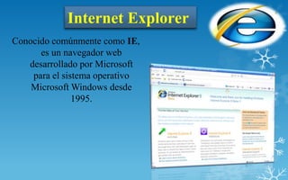 Internet Explorer
Conocido comúnmente como IE,
      es un navegador web
   desarrollado por Microsoft
    para el sistema operativo
    Microsoft Windows desde
               1995.
 