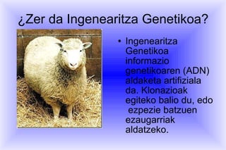 ¿Zer da Ingenearitza Genetikoa? Ingenearitza Genetikoa informazio genetikoaren (ADN) aldaketa artifiziala da. Klonazioak egiteko balio du, edo  ezpezie batzuen ezaugarriak aldatzeko. 