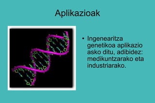 Aplikazioak Ingenearitza genetikoa aplikazio asko ditu, adibidez: medikuntzarako eta industriarako. 