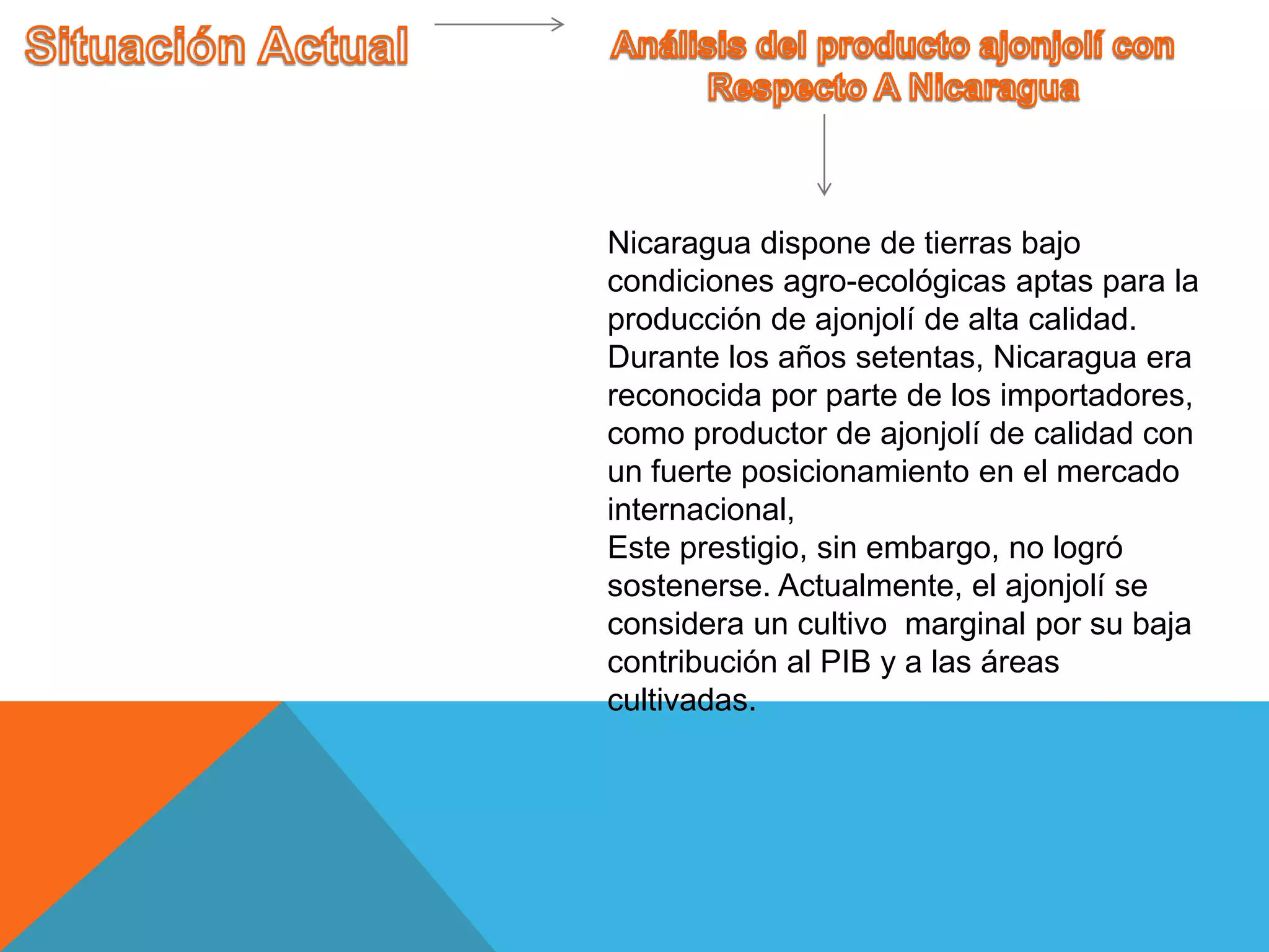 Nicaragua dispone de tierras bajo
condiciones agro-ecológicas aptas para la
producción de ajonjolí de alta calidad.
Durante los años setentas, Nicaragua era
reconocida por parte de los importadores,
como productor de ajonjolí de calidad con
un fuerte posicionamiento en el mercado
internacional,
Este prestigio, sin embargo, no logró
sostenerse. Actualmente, el ajonjolí se
considera un cultivo marginal por su baja
contribución al PIB y a las áreas
cultivadas.
 