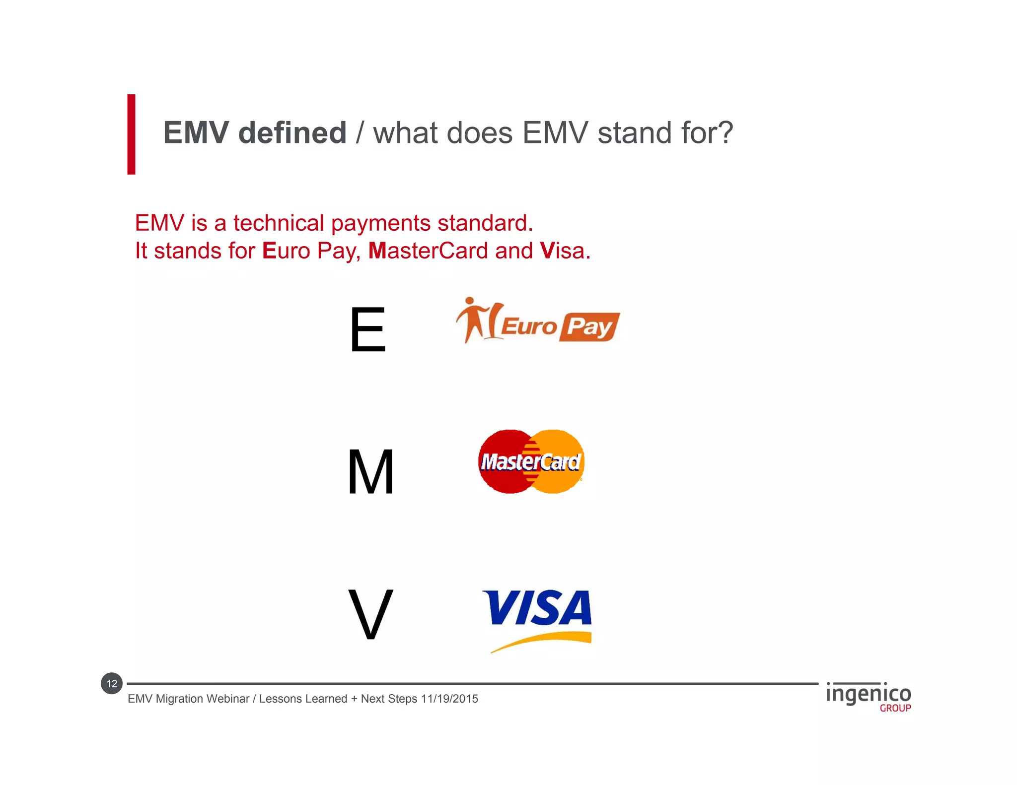12
EMV defined / what does EMV stand for?
E
M
V
EMV is a technical payments standard.
It stands for Euro Pay, MasterCard and Visa.
EMV Migration Webinar / Lessons Learned + Next Steps 11/19/2015
 