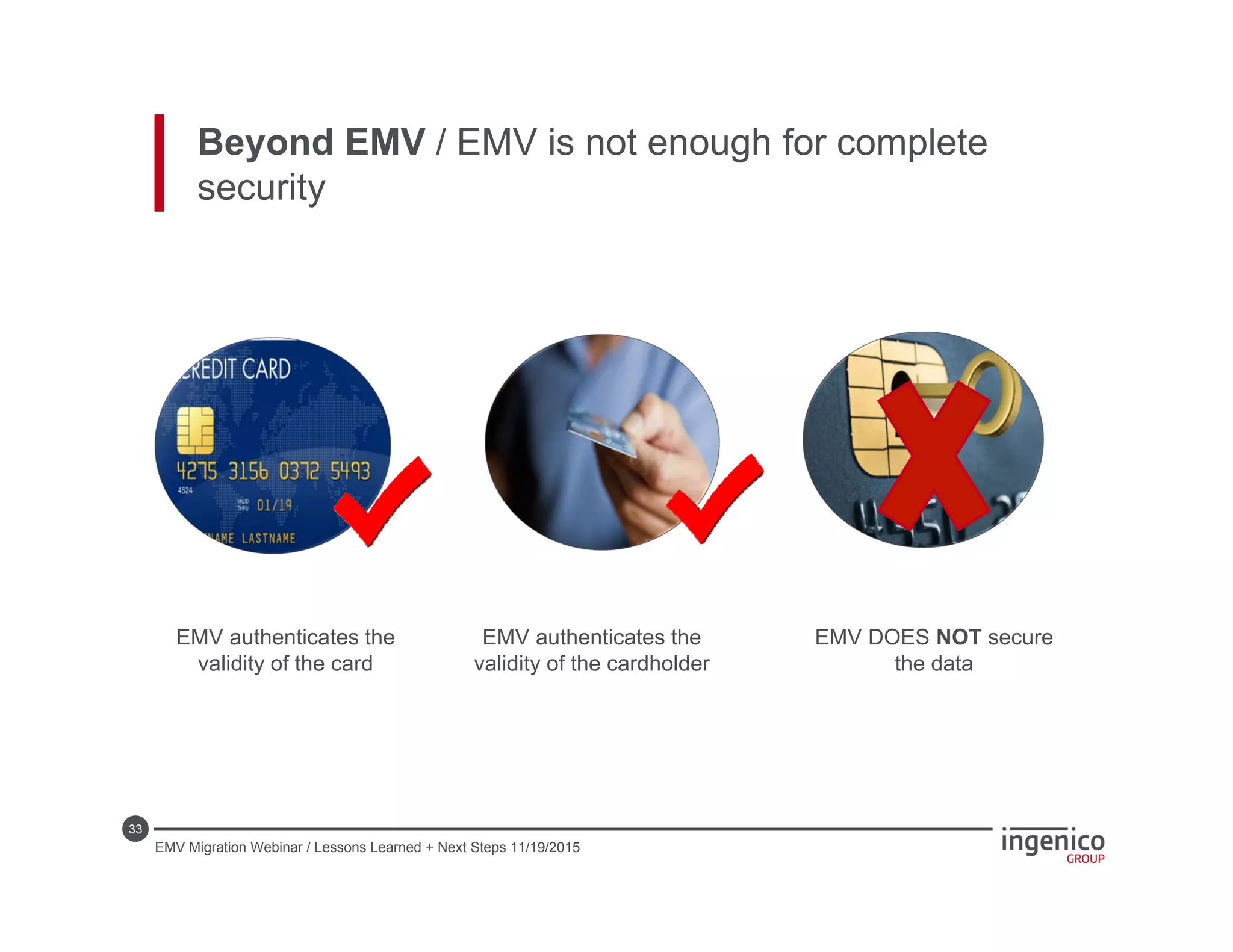 33
EMV authenticates the
validity of the card
EMV authenticates the
validity of the cardholder
EMV DOES NOT secure
the data
Beyond EMV / EMV is not enough for complete
security
EMV Migration Webinar / Lessons Learned + Next Steps 11/19/2015
 