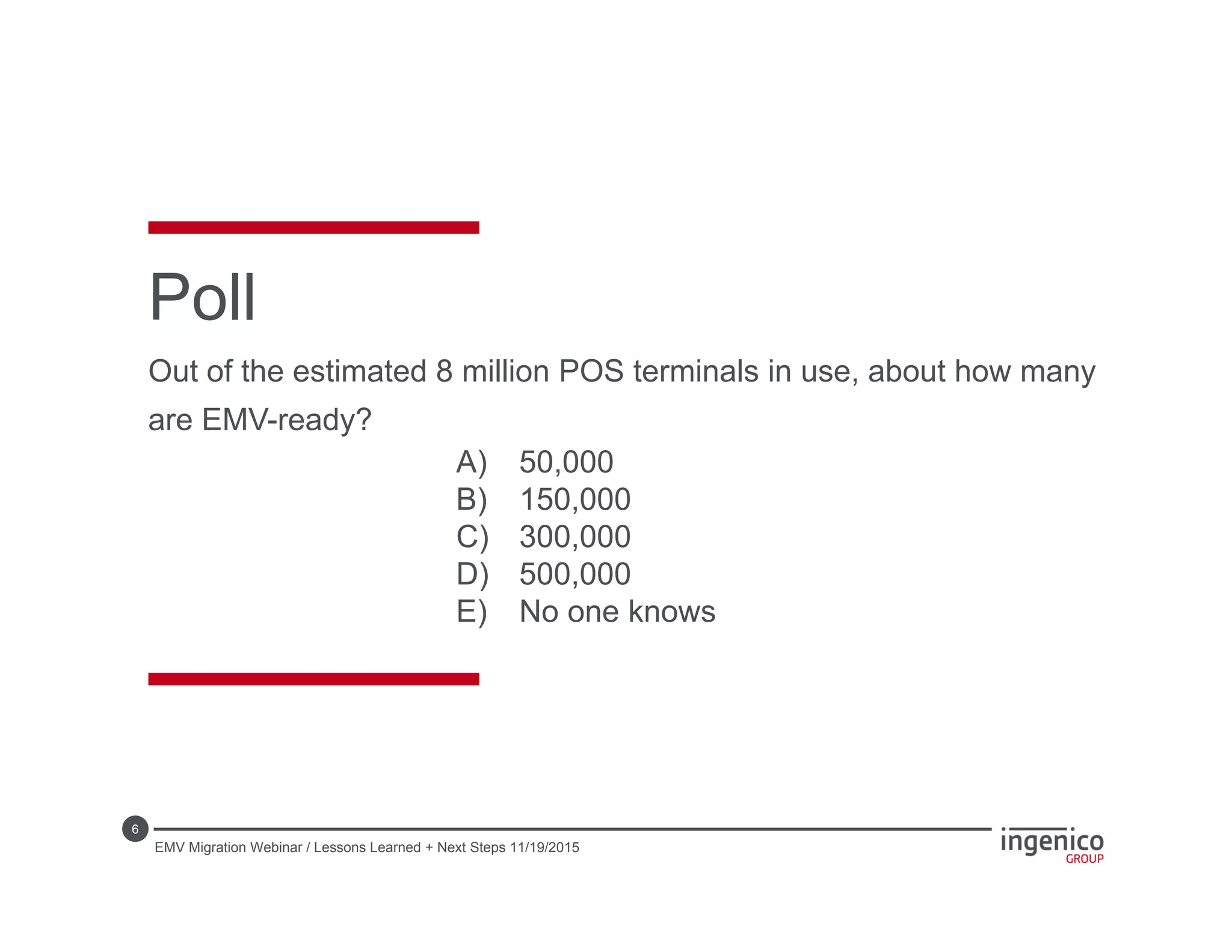6
Poll
Out of the estimated 8 million POS terminals in use, about how many
are EMV-ready?
A) 50,000
B) 150,000
C) 300,000
D) 500,000
E) No one knows
EMV Migration Webinar / Lessons Learned + Next Steps 11/19/2015
 