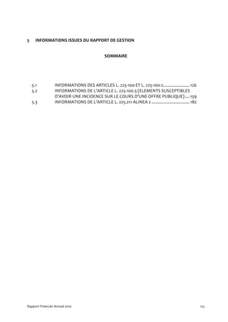 5    INFORMATIONS ISSUES DU RAPPORT DE GESTION


                                               SOMMAIRE




    5.1           INFORMATIONS DES ARTICLES L. 225-100 ET L. 225-100-2....................... 126
    5.2           INFORMATIONS DE L’ARTICLE L. 225-100-3 (ELEMENTS SUSCEPTIBLES
                  D’AVOIR UNE INCIDENCE SUR LE COURS D’UNE OFFRE PUBLIQUE) ....159
    5.3           INFORMATIONS DE L’ARTICLE L. 225.211 ALINEA 2 ................................. 182




Rapport Financier Annuel 2010                                                                           125
 