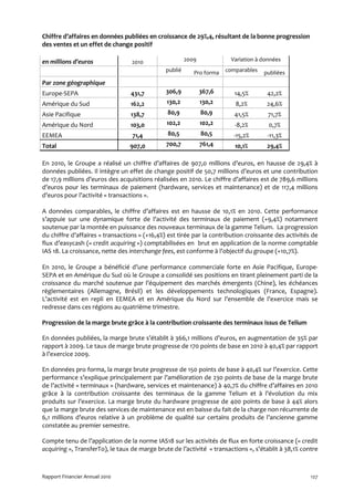Chiffre d’affaires en données publiées en croissance de 29%,4, résultant de la bonne progression
des ventes et un effet de change positif

en millions d’euros               2010                  2009            Variation à données
                                               publié      Pro forma   comparables   publiées
Par zone géographique
Europe-SEPA                      431,7         306,9           367,6      14,5%       42,2%
Amérique du Sud                  162,2         130,2           130,2      8,2%        24,6%
Asie Pacifique                   138,7         80,9            80,9       41,5%       71,7%
Amérique du Nord                 103,0         102,2           102,2      -8,2%       0,7%
EEMEA                             71,4         80,5            80,5      -15,2%       -11,3%
Total                            907,0         700,7           761,4      10,1%       29,4%

En 2010, le Groupe a réalisé un chiffre d’affaires de 907,0 millions d’euros, en hausse de 29,4% à
données publiées. Il intègre un effet de change positif de 50,7 millions d’euros et une contribution
de 17,9 millions d’euros des acquisitions réalisées en 2010. Le chiffre d’affaires est de 789,6 millions
d’euros pour les terminaux de paiement (hardware, services et maintenance) et de 117,4 millions
d’euros pour l’activité « transactions ».

A données comparables, le chiffre d’affaires est en hausse de 10,1% en 2010. Cette performance
s’appuie sur une dynamique forte de l’activité des terminaux de paiement (+9,4%) notamment
soutenue par la montée en puissance des nouveaux terminaux de la gamme Telium. La progression
du chiffre d’affaires « transactions » (+16,4%) est tirée par la contribution croissante des activités de
flux d’easycash (« credit acquiring ») comptabilisées en brut en application de la norme comptable
IAS 18. La croissance, nette des interchange fees, est conforme à l’objectif du groupe (+10,7%).

En 2010, le Groupe a bénéficié d’une performance commerciale forte en Asie Pacifique, Europe-
SEPA et en Amérique du Sud où le Groupe a consolidé ses positions en tirant pleinement parti de la
croissance du marché soutenue par l’équipement des marchés émergents (Chine), les échéances
règlementaires (Allemagne, Brésil) et les développements technologiques (France, Espagne).
L’activité est en repli en EEMEA et en Amérique du Nord sur l’ensemble de l’exercice mais se
redresse dans ces régions au quatrième trimestre.

Progression de la marge brute grâce à la contribution croissante des terminaux issus de Telium

En données publiées, la marge brute s’établit à 366,1 millions d’euros, en augmentation de 35% par
rapport à 2009. Le taux de marge brute progresse de 170 points de base en 2010 à 40,4% par rapport
à l’exercice 2009.

En données pro forma, la marge brute progresse de 150 points de base à 40,4% sur l’exercice. Cette
performance s’explique principalement par l’amélioration de 230 points de base de la marge brute
de l’activité « terminaux » (hardware, services et maintenance) à 40,7% du chiffre d’affaires en 2010
grâce à la contribution croissante des terminaux de la gamme Telium et à l’évolution du mix
produits sur l’exercice. La marge brute du hardware progresse de 400 points de base à 44% alors
que la marge brute des services de maintenance est en baisse du fait de la charge non récurrente de
6,1 millions d’euros relative à un problème de qualité sur certains produits de l’ancienne gamme
constatée au premier semestre.

Compte tenu de l’application de la norme IAS18 sur les activités de flux en forte croissance (« credit
acquiring », TransferTo), le taux de marge brute de l’activité « transactions », s’établit à 38,1% contre



Rapport Financier Annuel 2010                                                                         127
 