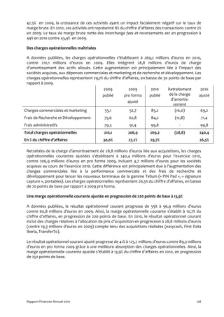 42,5% en 2009, la croissance de ces activités ayant un impact facialement négatif sur le taux de
 marge brute. En 2010, ces activités ont représenté 8% du chiffre d’affaires des transactions contre 2%
 en 2009. Le taux de marge brute nette des interchange fees et reversements est en progression à
 44% en 2010 contre 43,4% en 2009.

 Des charges opérationnelles maîtrisées

 A données publiées, les charges opérationnelles s’établissent à 269,2 millions d’euros en 2010,
 contre 210,1 millions d’euros en 2009. Elles intègrent 28,8 millions d’euros de charge
 d’amortissement des actifs alloués. Cette augmentation est principalement liée à l’impact des
 sociétés acquises, aux dépenses commerciales et marketing et de recherche et développement. Les
 charges opérationnelles représentent 29,7% du chiffre d’affaires, en baisse de 30 points de base par
 rapport à 2009.
                                            2009           2009          2010     Retraitement       2010
                                           publié       pro forma       publié     de la charge     ajusté
                                                                                    d’amortis-
                                                          ajusté
                                                                                     sement
Charges commerciales et marketing            55,1          52,7          85,2         (16,0)         69,2
Frais de Recherche et Développement            75,6           62,8         84,2          (12,8)         71,4
Frais administratifs                           79,3           91,4         99,8            -            99,8
Total charges opérationnelles                  210,1         206,9        269,2          (28,8)        240,4
En % du chiffre d’affaires                    30,0%          27,2%        29,7%                         26,5%

 Retraitées de la charge d’amortissement de 28,8 millions d’euros liée aux acquisitions, les charges
 opérationnelles courantes ajustées s’établissent à 240,4 millions d’euros pour l’exercice 2010,
 contre 206,9 millions d’euros en pro forma 2009, incluant 4,7 millions d’euros pour les sociétés
 acquises au cours de l’exercice 2010. Cette différence est principalement due à l’augmentation des
 charges commerciales liée à la performance commerciale et des frais de recherche et
 développement pour lancer les nouveaux terminaux de la gamme Telium (« PIN Pad », « signature
 capture », portables). Les charges opérationnelles représentent 26,5% du chiffre d’affaires, en baisse
 de 70 points de base par rapport à 2009 pro forma.

 Une marge opérationnelle courante ajustée en progression de 220 points de base à 13,9%

 A données publiées, le résultat opérationnel courant progresse de 59% à 96,9 millions d’euros
 contre 60,8 millions d’euros en 2009. Ainsi, la marge opérationnelle courante s’établit à 10,7% du
 chiffre d’affaires, en progression de 200 points de base. En 2010, le résultat opérationnel courant
 inclut des charges relatives à l’allocation de prix d’acquisition en progression à 28,8 millions d’euros
 (contre 19,3 millions d’euros en 2009) compte tenu des acquisitions réalisées (easycash, First Data
 Iberia, TransferTo).

 Le résultat opérationnel courant ajusté progresse de 41% à 125,7 millions d’euros contre 89,3 millions
 d’euros en pro forma 2009 grâce à une meilleure absorption des charges opérationnelles. Ainsi, la
 marge opérationnelle courante ajustée s’établit à 13,9% du chiffre d’affaires en 2010, en progression
 de 250 points de base.




 Rapport Financier Annuel 2010                                                                        128
 