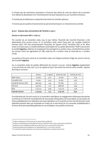 Il n’existe pas de restrictions statutaires à l’exercice des droits de vote (en dehors de la sanction
d’un défaut de déclaration d’un franchissement de seuil statutaire) ou aux transferts d’actions.

Il n’existe pas de détenteurs comportant des droits de contrôle spéciaux.

Il n’existe pas de système d’actionnariat du personnel prévoyant un mécanisme de contrôle.


5.2.2 Clauses des conventions de l’article L.233-11

Décision et information AMF n° 206C2177

Par courrier du 30 novembre 2006, reçu le jour même, l'Autorité des marchés financiers a été
destinataire d’un accord conclu, le 23 novembre 2006, entre d’une part, les sociétés Candel &
Partners SAS5, FBT SCA (anciennement Financière de Tayninh SCA)6, Consellior SAS7 et M. Allan
Green et d’autre part, la société Raiffeisen Centrobank AG8 (ci-après dénommée "RCB") concernant
la société Ingenico, réitérant et remplaçant l'accord signé le 4 octobre 2004, constitutif d'une action
de concert, entre ses signataires (cf. D&I 204C1192 du 7 octobre 2004 et 204C1198 du 11 octobre
2004).

Les parties à l’accord, conclu le 23 novembre 2006, ont indiqué continuer d’agir de concert vis-à-vis
de la société Ingenico.

Au 23 novembre 2006, les parties détiennent de concert 2 313 347 actions Ingenico représentant
3 105 726 droits de vote, soit 7,23 % du capital et 8,30 % des droits de vote de cette société9, répartis
de la façon suivante :

                                           actions            % capital        droits de vote           % droits de vote
Allan Green                                70 000                0,22              70 000                      0,19
Consellior SAS                             10 000                0,03               10 000                     0,03
Candel & Partners SAS                     464 004                1,45              811 383                     2,17
FBT SCA                                   543 616                1,70              988 616                     2,64
RCB                                       1 225 727              3,83             1 225 727                    3,28
Total de concert                          2 313 347              7,23             3 105 726                    8,30


En préambule de l'accord conclu le 23 novembre 2006 figure un engagement réciproque des parties
à continuer à s'informer mutuellement de tout projet d’acquisition, de souscription ou de cession de
titres préalablement à la réalisation de toute opération sur le marché ou hors marché (hormis toute
opération portant dans son ensemble sur moins de 10 000 titres) et à se consulter préalablement à
la tenue de toute assemblée générale en vue d’adopter une position commune.




5
  Société, contrôlée par M. Allan Green, sise 4, avenue Hoche, 75008 Paris.
6
  Société en commandite par actions détenue à 100% par Candel & Partners, sise 4, avenue Hoche, 75008 Paris.
7
  Société par actions simplifiée contrôlée par M. Allan Green, sise 4, avenue Hoche, 75008 Paris.
8
  Société du groupe bancaire Raiffeisen, sise Tegetthoffstrasse 1, A-1010 Vienne, Autriche.
9
  Sur la base d'un capital composé de 32 007 076 actions représentant 37 408 654 droits de vote.



Rapport Financier Annuel 2010                                                                                              160
 