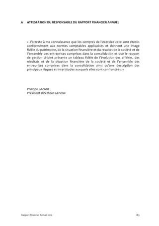 6    ATTESTATION DU RESPONSABLE DU RAPPORT FINANCIER ANNUEL




     « J’atteste à ma connaissance que les comptes de l’exercice 2010 sont établis
     conformément aux normes comptables applicables et donnent une image
     fidèle du patrimoine, de la situation financière et du résultat de la société et de
     l’ensemble des entreprises comprises dans la consolidation et que le rapport
     de gestion ci-joint présente un tableau fidèle de l’évolution des affaires, des
     résultats et de la situation financière de la société et de l’ensemble des
     entreprises comprises dans la consolidation ainsi qu’une description des
     principaux risques et incertitudes auxquels elles sont confrontées. »




     Philippe LAZARE
     Président Directeur Général




Rapport Financier Annuel 2010                                                        183
 