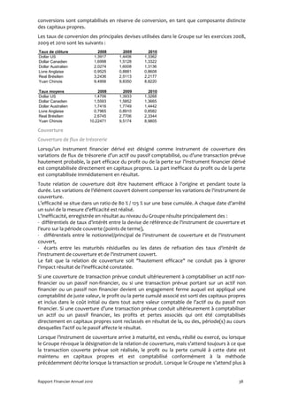 conversions sont comptabilisés en réserve de conversion, en tant que composante distincte
des capitaux propres.
Les taux de conversion des principales devises utilisées dans le Groupe sur les exercices 2008,
2009 et 2010 sont les suivants :
Taux de clôture                   2008     2009     2010
Dollar US                       1,3917   1,4406   1,3362
Dollar Canadien                 1,6998   1,5128   1,3322
Dollar Australien               2,0274   1,6008   1,3136
Livre Anglaise                  0,9525   0,8881   0,8608
Real Brésilien                  3,2436   2,5113   2,2177
Yuan Chinois                    9,4956   9,8350   8,8220

Taux moyens                    2008        2009     2010
Dollar US                    1,4706      1,3933   1,3268
Dollar Canadien              1,5593      1,5852   1,3665
Dollar Australien            1,7416      1,7749   1,4442
Livre Anglaise               0,7965      0,8910   0,8582
Real Brésilien               2,6745      2,7706   2,3344
Yuan Chinois               10,22471      9,5174   8,9805

Couverture
Couverture de flux de trésorerie
Lorsqu’un instrument financier dérivé est désigné comme instrument de couverture des
variations de flux de trésorerie d’un actif ou passif comptabilisé, ou d’une transaction prévue
hautement probable, la part efficace du profit ou de la perte sur l’instrument financier dérivé
est comptabilisée directement en capitaux propres. La part inefficace du profit ou de la perte
est comptabilisée immédiatement en résultat.
Toute relation de couverture doit être hautement efficace à l'origine et pendant toute la
durée. Les variations de l'élément couvert doivent compenser les variations de l'instrument de
couverture.
L’efficacité se situe dans un ratio de 80 % / 125 % sur une base cumulée. A chaque date d’arrêté
un suivi de la mesure d’efficacité est réalisé.
L'inefficacité, enregistrée en résultat au niveau du Groupe résulte principalement des :
- différentiels de taux d’intérêt entre la devise de référence de l'instrument de couverture et
l’euro sur la période couverte (points de terme),
- différentiels entre le notionnel/principal de l'instrument de couverture et de l'instrument
couvert,
- écarts entre les maturités résiduelles ou les dates de refixation des taux d'intérêt de
l'instrument de couverture et de l'instrument couvert.
Le fait que la relation de couverture soit "hautement efficace" ne conduit pas à ignorer
l'impact résultat de l'inefficacité constatée.
Si une couverture de transaction prévue conduit ultérieurement à comptabiliser un actif non-
financier ou un passif non-financier, ou si une transaction prévue portant sur un actif non
financier ou un passif non financier devient un engagement ferme auquel est appliqué une
comptabilité de juste valeur, le profit ou la perte cumulé associé est sorti des capitaux propres
et inclus dans le coût initial ou dans tout autre valeur comptable de l’actif ou du passif non
financier. Si une couverture d’une transaction prévue conduit ultérieurement à comptabiliser
un actif ou un passif financier, les profits et pertes associés qui ont été comptabilisés
directement en capitaux propres sont reclassés en résultat de la, ou des, période(s) au cours
desquelles l’actif ou le passif affecte le résultat.
Lorsque l’instrument de couverture arrive à maturité, est vendu, résilié ou exercé, ou lorsque
le Groupe révoque la désignation de la relation de couverture, mais s’attend toujours à ce que
la transaction couverte prévue soit réalisée, le profit ou la perte cumulé à cette date est
maintenu en capitaux propres et est comptabilisé conformément à la méthode
précédemment décrite lorsque la transaction se produit. Lorsque le Groupe ne s’attend plus à


Rapport Financier Annuel 2010                                                                38
 