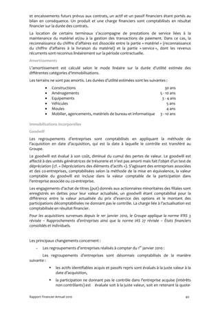 et encaissements futurs prévus aux contrats, un actif et un passif financiers étant portés au
bilan en conséquence. Un produit et une charge financiers sont comptabilisés en résultat
financier sur la durée des contrats.
La location de certains terminaux s’accompagne de prestations de service liées à la
maintenance du matériel et/ou à la gestion des transactions de paiement. Dans ce cas, la
reconnaissance du chiffre d’affaires est dissociée entre la partie « matériel » (reconnaissance
du chiffre d’affaires à la livraison du matériel) et la partie « service », dont les revenus
récurrents sont reconnus linéairement sur la période contractuelle.
Amortissements
L’amortissement est calculé selon le mode linéaire sur la durée d’utilité estimée des
différentes catégories d’immobilisations.
Les terrains ne sont pas amortis. Les durées d’utilité estimées sont les suivantes :
           •   Constructions                                                          30 ans
           •   Aménagements                                                       5 - 10 ans
           •   Equipements                                                         3 - 4 ans
           •   Véhicules                                                               5 ans
           •   Moules                                                                  4 ans
           •   Mobilier, agencements, matériels de bureau et informatique         3 - 10 ans

Immobilisations incorporelles
Goodwill
Les regroupements d’entreprises sont comptabilisés en appliquant la méthode de
l’acquisition en date d’acquisition, qui est la date à laquelle le contrôle est transféré au
Groupe.
Le goodwill est évalué à son coût, diminué du cumul des pertes de valeur. Le goodwill est
affecté à des unités génératrices de trésorerie et n’est pas amorti mais fait l’objet d’un test de
dépréciation (cf. « Dépréciations des éléments d’actifs »). S’agissant des entreprises associées
et des co-entreprises, comptabilisées selon la méthode de la mise en équivalence, la valeur
comptable du goodwill est incluse dans la valeur comptable de la participation dans
l’entreprise associée ou co-entreprise.
Les engagements d’achat de titres (put) donnés aux actionnaires minoritaires des filiales sont
enregistrés en dettes pour leur valeur actualisée, un goodwill étant comptabilisé pour la
différence entre la valeur actualisée du prix d’exercice des options et le montant des
participations décomptabilisées ne donnant pas le contrôle. La charge liée à l’actualisation est
comptabilisée en résultat financier.
Pour les acquisitions survenues depuis le 1er janvier 2010, le Groupe applique la norme IFRS 3
révisée – Rapprochements d’entreprises ainsi que la norme IAS 27 révisée – États financiers
consolidés et individuels.


Les principaux changements concernent :
    -    Les regroupements d’entreprises réalisés à compter du 1er janvier 2010 :
       Les regroupements d’entreprises sont désormais comptabilisés de la manière
suivante :
                 les actifs identifiables acquis et passifs repris sont évalués à la juste valeur à la
                 date d’acquisition,
                 la participation ne donnant pas le contrôle dans l’entreprise acquise (intérêts
                 non contrôlants) est évaluée soit à la juste valeur, soit en retenant la quote-

Rapport Financier Annuel 2010                                                                     40
 