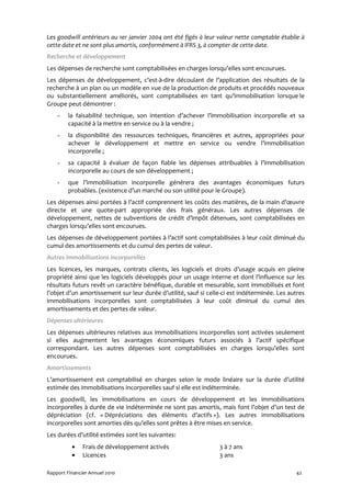 Les goodwill antérieurs au 1er janvier 2004 ont été figés à leur valeur nette comptable établie à
cette date et ne sont plus amortis, conformément à IFRS 3, à compter de cette date.
Recherche et développement
Les dépenses de recherche sont comptabilisées en charges lorsqu’elles sont encourues.
Les dépenses de développement, c’est-à-dire découlant de l’application des résultats de la
recherche à un plan ou un modèle en vue de la production de produits et procédés nouveaux
ou substantiellement améliorés, sont comptabilisées en tant qu’immobilisation lorsque le
Groupe peut démontrer :
    -    la faisabilité technique, son intention d’achever l’immobilisation incorporelle et sa
         capacité à la mettre en service ou à la vendre ;
    -    la disponibilité des ressources techniques, financières et autres, appropriées pour
         achever le développement et mettre en service ou vendre l’immobilisation
         incorporelle ;
    -    sa capacité à évaluer de façon fiable les dépenses attribuables à l’immobilisation
         incorporelle au cours de son développement ;
    -    que l’immobilisation incorporelle générera des avantages économiques futurs
         probables. (existence d’un marché ou son utilité pour le Groupe).
Les dépenses ainsi portées à l’actif comprennent les coûts des matières, de la main d’œuvre
directe et une quote-part appropriée des frais généraux. Les autres dépenses de
développement, nettes de subventions de crédit d’impôt détenues, sont comptabilisées en
charges lorsqu’elles sont encourues.
Les dépenses de développement portées à l’actif sont comptabilisées à leur coût diminué du
cumul des amortissements et du cumul des pertes de valeur.
Autres immobilisations incorporelles
Les licences, les marques, contrats clients, les logiciels et droits d’usage acquis en pleine
propriété ainsi que les logiciels développés pour un usage interne et dont l’influence sur les
résultats futurs revêt un caractère bénéfique, durable et mesurable, sont immobilisés et font
l’objet d’un amortissement sur leur durée d’utilité, sauf si celle-ci est indéterminée. Les autres
immobilisations incorporelles sont comptabilisées à leur coût diminué du cumul des
amortissements et des pertes de valeur.
Dépenses ultérieures
Les dépenses ultérieures relatives aux immobilisations incorporelles sont activées seulement
si elles augmentent les avantages économiques futurs associés à l’actif spécifique
correspondant. Les autres dépenses sont comptabilisées en charges lorsqu’elles sont
encourues.
Amortissements
L’amortissement est comptabilisé en charges selon le mode linéaire sur la durée d’utilité
estimée des immobilisations incorporelles sauf si elle est indéterminée.
Les goodwill, les immobilisations en cours de développement et les immobilisations
incorporelles à durée de vie indéterminée ne sont pas amortis, mais font l’objet d’un test de
dépréciation (cf. « Dépréciations des éléments d’actifs »). Les autres immobilisations
incorporelles sont amorties dès qu’elles sont prêtes à être mises en service.
Les durées d’utilité estimées sont les suivantes:
          •    Frais de développement activés                    3 à 7 ans
          •    Licences                                          3 ans

Rapport Financier Annuel 2010                                                                 42
 