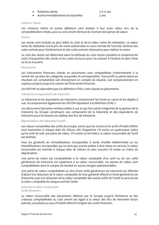 •    Relations clients                                   5 à 12 ans
          •    Autres immobilisations incorporelles                5 ans

Créances clients
Les créances clients et autres débiteurs sont évalués à leur juste valeur lors de la
comptabilisation initiale, puis au coût amorti diminué du montant des pertes de valeur.
Stocks
Les stocks sont évalués au plus faible du coût et de la valeur nette de réalisation. La valeur
nette de réalisation est le prix de vente estimé dans le cours normal de l’activité, diminué des
coûts estimés pour l’achèvement et des coûts estimés nécessaires pour réaliser la vente.
Le coût des stocks est déterminé selon la méthode du coût moyen pondéré et comprend les
coûts d’acquisition des stocks et les coûts encourus pour les amener à l’endroit et dans l’état
où ils se trouvent.
Placements
Les instruments financiers classés en placements sont comptabilisés conformément à la
norme IAS 39 selon les catégories auxquelles ils correspondent. Tout profit ou perte latent en
résultant est comptabilisé soit directement en compte de résultat, soit temporairement en
capitaux propres jusqu’à la cession de l’instrument financier.
Les OPCVM ne répondant pas à la définition d’IAS 7 sont classés en placements.
Trésorerie et équivalents de trésorerie
La trésorerie et les équivalents de trésorerie comprennent les fonds en caisse et les dépôts à
vue. Ils comprennent également les OPCVM répondant à la définition d’IAS 7.
Les découverts bancaires remboursables à vue et qui font partie intégrante de la gestion de la
trésorerie du Groupe constituent une composante de la trésorerie et des équivalents de
trésorerie pour les besoins du tableau des flux de trésorerie.
Dépréciations des éléments d’actifs
Les valeurs comptables des actifs du Groupe, autres que les stocks et les actifs d’impôt différé
sont examinées à chaque date de clôture afin d’apprécier s’il existe un quelconque indice
qu’un actif ait subi une perte de valeur. S’il existe un tel indice, la valeur recouvrable de l’actif
est estimée.
Pour les goodwill, les immobilisations incorporelles à durée d’utilité indéterminée ou les
immobilisations incorporelles qui ne sont pas encore prêtes à être mises en service, la valeur
recouvrable est estimée à chaque date de clôture ou plus souvent s’il existe un indice de
dépréciation.
Une perte de valeur est comptabilisée si la valeur comptable d’un actif ou de son unité
génératrice de trésorerie est supérieure à sa valeur recouvrable. Les pertes de valeur sont
comptabilisées dans le compte de résultat en autres charges opérationnelles.
Une perte de valeur comptabilisée au titre d’une unité génératrice de trésorerie est affectée
d’abord à la réduction de la valeur comptable de tout goodwill affecté à l’unité génératrice de
trésorerie, puis à la réduction de la valeur comptable des autres actifs de l’unité au prorata de
la valeur comptable de chaque actif de l’unité.
Calcul de la valeur recouvrable
Actifs financiers
La valeur recouvrable des placements détenus par le Groupe jusqu’à l’échéance et des
créances comptabilisées au coût amorti est égale à la valeur des flux de trésorerie futurs
estimés, actualisée au taux d’intérêt effectif d’origine des actifs financiers.


Rapport Financier Annuel 2010                                                                    43
 
