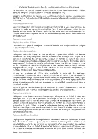 -     d’échanger des instruments dans des conditions potentiellement défavorables.
Un instrument de capitaux propres est un contrat mettant en évidence un intérêt résiduel
dans une entreprise après déduction de toutes ses dettes (actif net).
Les parts sociales émises par Ingenico sont considérées comme des capitaux propres au sens
de l’IAS 32 et de l’interprétation IFRIC 2, et traitées comme telles dans les comptes consolidés
du Groupe.
Emprunts portant intérêts
Les emprunts portant intérêts sont comptabilisés initialement à la juste valeur diminuée du
montant des coûts de transaction attribuables. Après la comptabilisation initiale, ils sont
évalués au coût amorti; la différence entre le coût et la valeur de remboursement est
comptabilisée dans le compte de résultat sur la durée des emprunts, selon la méthode du taux
d’intérêt effectif.
Avantages au personnel
Régimes à cotisations définies
Les cotisations à payer à un régime à cotisations définies sont comptabilisées en charges
lorsqu’elles sont encourues.
Régimes à prestations définies
L’obligation nette du Groupe au titre de régimes à prestations définies est évaluée
séparément pour chaque régime en estimant le montant des avantages futurs acquis par le
personnel en échange des services rendus au cours de l’année en cours et des années
antérieures ; ce montant est actualisé pour déterminer sa valeur actuelle, et minoré de la juste
valeur des actifs du régime. Le taux d’actualisation est égal au taux, à la date de clôture, fondé
sur les obligations de première catégorie dont la date d’échéance est proche de celle des
engagements du Groupe. Les calculs sont effectués par des actuaires indépendants, la
méthode utilisée est celle des unités de crédit projetées.
Lorsque les avantages du régime sont améliorés, la quote-part des avantages
complémentaires relatifs aux services passés rendus par les membres du personnel est
comptabilisée en charges selon un mode linéaire sur la durée moyenne restant à courir jusqu’à
ce que les droits correspondants soient acquis au personnel. Si les droits à prestations sont
acquis immédiatement, le coût des avantages est comptabilisé immédiatement dans le
compte de résultat.
Ingenico applique l’option ouverte par la norme IAS 19 révisée. En conséquence, tous les
écarts actuariels sont reconnus, en contrepartie des capitaux propres consolidés.
Avantages à long terme
L’obligation nette du Groupe au titre des avantages à long terme est égale à la valeur des
avantages futurs acquis par le personnel en échange des services rendus au cours de la
période présente et des périodes antérieures. Le montant de l’obligation est déterminé en
utilisant la méthode des unités de crédit projetées. Ce montant est actualisé et minoré de la
juste valeur des actifs dédiés. Le taux d’actualisation est égal au taux, à la date de clôture,
fondé sur des obligations de première catégorie dont les dates d’échéances sont proches de
celles des engagements du Groupe. Les écarts actuariels des avantages à long terme sont
comptabilisés en résultat.
Paiements fondés sur des actions

Le programme d’options sur actions permet aux membres du personnel du Groupe d’acquérir
des actions de la Société. La juste valeur des options et actions gratuites attribuées est
comptabilisée en charges de personnel en contrepartie d’une augmentation des capitaux
propres. La juste valeur est évaluée à la date d’attribution et répartie sur la période au cours
de laquelle les membres du personnel acquièrent les droits d’une manière définitive. Les

Rapport Financier Annuel 2010                                                                 45
 