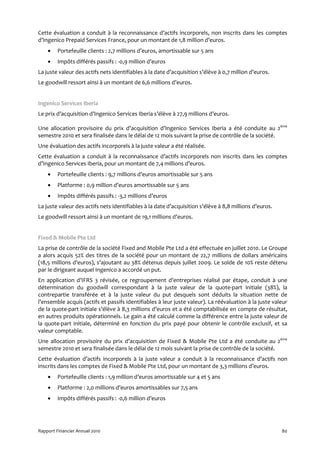 Cette évaluation a conduit à la reconnaissance d’actifs incorporels, non inscrits dans les comptes
d’Ingenico Prepaid Services France, pour un montant de 1,8 million d’euros.
    •    Portefeuille clients : 2,7 millions d’euros, amortissable sur 5 ans
    •    Impôts différés passifs : -0,9 million d’euros
La juste valeur des actifs nets identifiables à la date d’acquisition s’élève à 0,7 million d’euros.
Le goodwill ressort ainsi à un montant de 6,6 millions d’euros.


Ingenico Services Iberia
Le prix d’acquisition d’Ingenico Services Iberia s’élève à 27,9 millions d’euros.

Une allocation provisoire du prix d’acquisition d’Ingenico Services Iberia a été conduite au 2ème
semestre 2010 et sera finalisée dans le délai de 12 mois suivant la prise de contrôle de la société.
Une évaluation des actifs incorporels à la juste valeur a été réalisée.
Cette évaluation a conduit à la reconnaissance d’actifs incorporels non inscrits dans les comptes
d’Ingenico Services Iberia, pour un montant de 7,4 millions d’euros.
    •    Portefeuille clients : 9,7 millions d’euros amortissable sur 5 ans
    •    Platforme : 0,9 million d’euros amortissable sur 5 ans
    •    Impôts différés passifs : -3,2 millions d’euros
La juste valeur des actifs nets identifiables à la date d’acquisition s’élève à 8,8 millions d’euros.
Le goodwill ressort ainsi à un montant de 19,1 millions d’euros.


Fixed & Mobile Pte Ltd
La prise de contrôle de la société Fixed and Mobile Pte Ltd a été effectuée en juillet 2010. Le Groupe
a alors acquis 52% des titres de la société pour un montant de 22,7 millions de dollars américains
(18,5 millions d’euros), s’ajoutant au 38% détenus depuis juillet 2009. Le solde de 10% reste détenu
par le dirigeant auquel Ingenico a accordé un put.
En application d’IFRS 3 révisée, ce regroupement d’entreprises réalisé par étape, conduit à une
détermination du goodwill correspondant à la juste valeur de la quote-part initiale (38%), la
contrepartie transférée et à la juste valeur du put desquels sont déduits la situation nette de
l’ensemble acquis (actifs et passifs identifiables à leur juste valeur). La réévaluation à la juste valeur
de la quote-part initiale s’élève à 8,3 millions d’euros et a été comptabilisée en compte de résultat,
en autres produits opérationnels. Le gain a été calculé comme la différence entre la juste valeur de
la quote-part initiale, déterminé en fonction du prix payé pour obtenir le contrôle exclusif, et sa
valeur comptable.
Une allocation provisoire du prix d’acquisition de Fixed & Mobile Pte Ltd a été conduite au 2ème
semestre 2010 et sera finalisée dans le délai de 12 mois suivant la prise de contrôle de la société.
Cette évaluation d’actifs incorporels à la juste valeur a conduit à la reconnaissance d’actifs non
inscrits dans les comptes de Fixed & Mobile Pte Ltd, pour un montant de 3,3 millions d’euros.
    •    Portefeuille clients : 1,9 million d’euros amortissable sur 4 et 5 ans
    •    Platforme : 2,0 millions d’euros amortissables sur 7,5 ans
    •    Impôts différés passifs : -0,6 million d’euros




Rapport Financier Annuel 2010                                                                           80
 