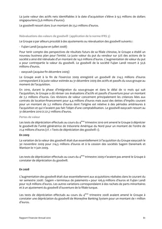 La juste valeur des actifs nets identifiables à la date d’acquisition s’élève à 9,5 millions de dollars
singapouriens (5,6 millions d’euros).
Le goodwill ressort donc à un montant de 23,2 millions d’euros.


Réévaluations des valeurs de goodwill (application de la norme IFRS 3)
Le Groupe a par ailleurs procédé à des ajustements ou réevaluation des goodwill suivants :
- Fujian Landi (acquise en juillet 2008)
Pour tenir compte des perspectives de résultats futurs de sa filiale chinoise, le Groupe a établi un
nouveau business plan pour l’entité. La juste valeur du put du vendeur sur 32% des actions de la
société a ainsi été réévaluée d’un montant de 14,0 millions d’euros. L’augmentation de valeur du put
a pour contrepartie la valeur du goodwill. Le goodwill de la société Fujian Landi ressort à 32,6
millions d’euros.
- easycash (acquise fin décembre 2009)
Le Groupe avait à la fin de l’exercice 2009 enregistré un goodwill de 214,5 millions d’euros
correspondant à la juste valeur estimée au 31 décembre 2009 des actifs et passifs du sous-groupe au
moment de l’acquisition.
En 2010, durant la phase d’intégration du sous-groupe et dans le délai de 12 mois qui suit
l’acquisition, le Groupe a dû réviser ces évaluations d’actifs et passifs d’ouverture pour un montant
de 7,2 millions d’euros. Ces révisions de valeur concernent principalement les créances liées aux
contrats de location-financement pour 4,4 millions d’euros mais aussi des dettes d’impôts courant
pour un montant de 2,2 millions d’euros dont l’origine est relative à des périodes antérieures à
l’acquisition et qui n’avaient pas fait l’objet d’une comptabilisation. Le goodwill easycash ressort au
31 décembre 2010 à 221,7 millions d’euros.
Pertes de valeur
Les tests de dépréciation effectués au cours du 4ème trimestre 2010 ont amené le Groupe à déprécier
le goodwill de l’unité génératrice de trésorerie Amérique du Nord pour un montant de l’ordre de
21,4 millions d’euros (cf. « Tests de dépréciation des goodwill »).
En 2009
La variation de la valeur des goodwill était due essentiellement à l’acquisition du Groupe easycash le
30 novembre 2009 pour 214,5 millions d’euros et à la cession des sociétés Sagem Danemark et
Manison le 11 juin 2009.


Les tests de dépréciation effectués au cours du 4ème trimestre 2009 n’avaient pas amené le Groupe à
constater de dépréciation du goodwill.

En 2008

L’augmentation des goodwill était due essentiellement aux acquisitions réalisées dans le courant du
1er semestre 2008 : Sagem « terminaux de paiements » pour 106,9 millions d’euros et Fujian Landi
pour 10,8 millions d’euros. Les autres variations correspondaient à des rachats de parts minoritaires
et à un ajustement du goodwill d’ouverture de la filiale turque.

Les tests de dépréciation effectués au cours du 4ème trimestre 2008 avaient amené le Groupe à
constater une dépréciation du goodwill de Moneyline Banking System pour un montant de 1 million
d’euros.




Rapport Financier Annuel 2010                                                                        81
 