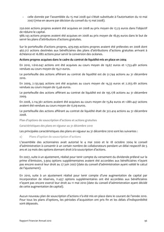 -   celle donnée par l’assemblée du 15 mai 2008 qui s’était substituée à l’autorisation du 10 mai
         2007 (mise en œuvre par décision du conseil du 15 mai 2008).

250.000 actions propres avaient été acquises en 2008 au prix moyen de 17,23 euros dans l’objectif
de réduire le capital.
986.143 actions propres avaient été acquises en 2008 au prix moyen de 18,95 euros dans le but de
servir les plans d’attributions d’actions gratuites.

Sur le portefeuille d’actions propres, 479.099 actions propres avaient été prélevées en 2008 dont
462.217 actions destinées aux bénéficiaires des plans d’attributions d’actions gratuites arrivant à
échéance et 16.882 actions pour servir la conversion des océanes.
Actions propres acquises dans le cadre du contrat de liquidité mis en place en 2004
En 2010, 1.610.047 actions ont été acquises au cours moyen de 19,67 euros et 1.753.481 actions
vendues au cours moyen de 19,21 euros.
Le portefeuille des actions afférant au contrat de liquidité est de 51.744 actions au 31 décembre
2010.
En 2009, 2.135.945 actions ont été acquises au cours moyen de 14,33 euros et 2.263.181 actions
vendues au cours moyen de 13,46 euros.
Le portefeuille des actions afférant au contrat de liquidité est de 195.178 actions au 31 décembre
2009.
En 2008, 2.114.361 actions avaient été acquises au cours moyen de 15,84 euros et 1.881.447 actions
avaient été vendues au cours moyen de 17,09 euros.
Le portefeuille des actions afférant au contrat de liquidité était de 322.414 actions au 31 décembre
2008.
Plan d’options de souscription d’actions et actions gratuites
Caractéristiques des plans en vigueur au 31 décembre 2010
Les principales caractéristiques des plans en vigueur au 31 décembre 2010 sont les suivantes :
a)        Plans d’option de souscription d’actions
L’assemblée des actionnaires avait autorisé le 4 mai 2000 et le 18 octobre 2004 le conseil
d’administration à consentir à un certain nombre de collaborateurs pendant un délai respectif de 5
ans et 24 mois des options donnant droit à la souscription d’actions.

En 2007, suite à un ajustement, réalisé pour tenir compte du versement du dividende prélevé sur la
prime d’émission, 3.904 options supplémentaires avaient été accordées aux bénéficiaires n’ayant
pas encore exercé leur droit au 27 juin 2007 (date du conseil d’administration ayant validé le calcul
de l’ajustement).

En 2010, suite à un ajustement réalisé pour tenir compte d’une augmentation de capital par
incorporation de réserves, 11.457 options supplémentaires ont été accordées aux bénéficiaires
n’ayant pas encore exercé leur droit au 11 mai 2010 (date du conseil d’administration ayant décidé
de cette augmentation de capital).


Aucun nouveau plan de souscription d’actions n’a été mis en place dans le courant de l’année 2010.
Pour tous les plans d’options, les périodes d’acquisition ont pris fin et les délais d’indisponibilité
sont dépassés.




Rapport Financier Annuel 2010                                                                      96
 