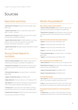 Executive summary 
1 Department for Transport, Reported Road Casualties, Great 
Britain, 2012 
2 ingenie internal data, Premium adjustments made, Great 
Britain, July 2013 – July 2014 
3 Department for Transport, DSA1203: Car pass rates by age (17 
to 25 year olds), Great Britain, 2013-2014 
4 ingenie internal claims data, Incidents reported as occurring 
between 10pm and 4am as a proportion of all reported 
incidents, Great Britain, October 2011 – July 2014 
5 ingenie internal data, Messages viewed, Great Britain, October 
2012 – July 2014 
Young Driver Report in 
numbers 
1 Office for National Statistics (ONS), Deaths by age, sex and 
underlying cause, England and Wales, 2013 registrations 
2 Department for Transport, Reported killed or seriously injured 
casualties by gender, road user type and age, Great Britain, 
2013 
3 Driving Standards Agency, Learning to Drive: a consultation 
paper, 2008 
4 ingenie, Young Driver Survey, Great Britain, 2014 
5 Sabey, Barbara B., The known risks we run: the Highway, 1979 
6 Isler, Robert B., Driver Training and Testing: Do they feed each 
other?, The University of Waikato, New Zealand, 2013 
7 Confused.com in association with Towers Watson, Average 
comprehensive premium for a 17-year-old, Great Britain, 2014 
8 Department for Transport, DSA1203: Car pass rates by age (17 
to 25 year olds), Great Britain, 2013-2014 
What’s the problem? 
20% of serious crashes involve under-25s 
1 Office for National Statistics (ONS), Deaths by age, sex and 
underlying cause, England and Wales, 2013 registrations 
2 Department for Transport, Reported killed or seriously injured 
casualties by gender, road user type and age, Great Britain, 
2013 
Only 12% take the recommended number of lessons 
1 ingenie, Young Driver Survey, Great Britain, 2014 
2 ingenie, Young Driver Survey, Great Britain, 2014 
3 ingenie, Young Driver Survey, Great Britain, 2014 
4 ingenie, Young Driver Survey, Great Britain, 2014 
5 Driving Standards Agency, Learning to Drive: a consultation 
paper, 2008 
6 ingenie, Young Driver Survey, Great Britain, 2014 
95% of crashes are down to attitude to risk 
1 Sabey, Barbara B., The known risks we run: the Highway, 1979 
2 Department for Transport, Reported road accidents involving 
young car drivers, Great Britain, 2011 
3 ingenie, Young Driver Survey, Great Britain, 2014 
4 ingenie, Young Driver Survey, Great Britain, 2014 
An inbuilt disadvantage 
1 Isler, Robert B., Driver Training and Testing: Do they feed each 
other?, The University of Waikato, New Zealand, 2013 
2 Fuller, R., Recent developments in driver control theory: From 
task difficulty homeostasis to risk allostasis, Washington, 2008 
The average insurance premium for a new young driver is 
£1,997 
1 Confused.com in association with Towers Watson, Average 
comprehensive premium for a 17-year-old, Great Britain, 2014 
ingenie Young Driver Report 2014 
42 
Sources 
 