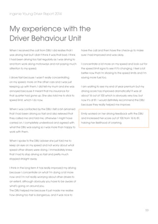 When I received the call from DBU I did realise that I 
was driving fast but I didn’t think it was that bad. I think 
I had been driving too fast regularly as I was driving to 
and from work along motorways and not paying much 
attention to my speed. 
I drove fast because I wasn’t really concentrating 
on my speed, more on the other cars and I was just 
keeping up with them. I did tell my mum and she was 
annoyed because it meant that my insurance for 
that quarter had gone up. She also told me to stick to 
speed limit, which I do now. 
When I was contacted by the DBU I felt a bit ashamed 
that I had been driving so fast and also relieved that 
they called me and told me, otherwise I might have 
carried on. I completely understood and agreed with 
what the DBU was saying so I was more than happy to 
work with them. 
When I spoke to the DBU adviser she just told me to 
keep an eye on my speed and not worry about what 
speed other drivers were doing. I immediately knew 
that I had to stop driving so fast and pretty much 
stopped straight away. 
I think in the long term it has really improved my driving 
because I concentrate on what I’m doing a lot more 
now and I’m not really worrying about other drivers to 
an extent, although obviously you have to be aware of 
what’s going on around you. 
The DBU helped me because it just made me realise 
how driving too fast is dangerous, and it was nice to 
have the call and then have the check-up to make 
sure I had improved and was okay. 
I concentrate a lot more on my speed and look out for 
the speed limit signs to see if it’s changing. I feel a lot 
better now that I’m sticking to the speed limits and I’m 
saving more fuel too. 
I am waiting to see my end of year premium but my 
driving score has improved dramatically! It was at 
about 16 out of 100 which is obviously very low, but 
now it’s at 81. I would definitely recommend the DBU 
because they really helped me improve. 
Emily worked on her driving feedback with the DBU 
and increased her score out of 100 from 16 to 81, 
halving her likelihood of crashing. 
ingenie Young Driver Report 2014 
53 
My experience with the 
Driver Behaviour Unit 
 
