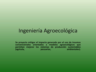 Ingeniería Agroecológica Se proyecta mitigar el impacto generado por el uso de insumos convencionales orientados a modelos agroecológicos que permitan mejorar los sistemas de producción sustentables (agrícola, pecuarios, ambientales). 