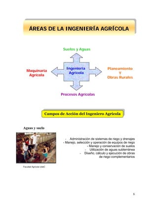 6
Campos de Acción del Ingeniero Agrícola
Aguas y suelo
- Administración de sistemas de riego y drenajes
- Manejo, selección y operación de equipos de riego
- Manejo y conservación de suelos
- Utilización de aguas subterránea
- Diseño, cálculo y ejecución de obras
de riego complementarios
Facultad Agrícola UdeC
Ingeniería
Agrícola
Maquinaria
Agrícola
Suelos y Aguas
Planeamiento
Y
Obras Rurales
Procesos Agrícolas
ÁÁRREEAASS DDEE LLAA IINNGGEENNIIEERRÍÍAA AAGGRRÍÍCCOOLLAA
 
