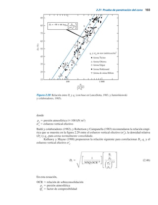 102 Capítulo 2: Depósitos naturales de suelo y exploración del subsuelo
Correlaciones entre la densidad relativa (Dr
) y qc
para arena
Lancellotta (1983) y Jamiolkowski y colaboradores (1985) demostraron que la densidad relativa
de arena normalmente consolidada, Dr
, y qc
, se pueden correlacionar de acuerdo con la fórmula
siguiente (figura 2.28),
Dr(%) 5 A 1 B log10
qc
sr
o
(2.44)
La relación anterior se puede reescribir como (Kulhawy y Mayne, 1990):
Dr(%) 5 68 log
qc
pa ? sr
0
2 1 (2.45)
Profundidad
(m)
qc (kN/m2
)
0 5 000 10 000
12
10
8
6
0
2
4
Profundidad
(m)
fc (kN/m2
)
0 200 400
12
10
8
6
0
2
4
Figura 2.27 Prueba con penetrómetro de cono con medición de la fricción.
 