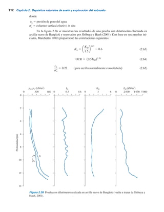 2.23 Prueba del dilatómetro 111
Las lecturas A y B se corrigen como sigue (Schmertmann, 1986):
Esfuerzo de contacto, po 5 1.05(A 1 DA 2 Zm) 2 0.05(B 2 DB 2 Zm) (2.61)
Esfuerzo de expansión, p1 5 B 2 Zm 2 DB (2.62)
donde
DA 5 presión de vacío requerida para mantener la membrana en contacto con su asiento
DB 5 presión de aire requerida dentro de la membrana para desviarla hacia fuera hasta una
expansión central de 1.1 mm
Zm
5 desviación de la presión manométrica de cero cuando se ventila a presión atmosférica
La prueba se conduce normalmente a profundidades separadas entre sí 200 a 300 mm. El resulta-
do de una prueba dada se utiliza para determinar tres parámetros:
1. Índice del material,
2. Índice de esfuerzo horizontal,
3. Módulo del dilatómetro, ED(kN m2
) 5 34.7(p1 kN m2
2 po kN m2
)
KD 5
po 2 uo
sr
o
ID 5
p1 2 po
po 2 uo
Figura 2.35 Dilatómetro y otro equipo. (Cortesía de N. Sivakugan, James Cook University, Australia.)
 