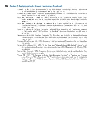 Referencias 131
Deere, D.U. (1963). “Technical Description of Rock Cores for Engineering Purposes”, Felsmechanik und
Ingenieurgeologie, vol. 1, núm. 1, pp. 16-22.
Dobrin, M.B. (1960). Introduction to Geophysical Prospecting, McGraw-Hill, Nueva York.
Hansbo, S. (1957). A New Approach to the Determination of the Shear Strength of Clay by the Fall Cone
Test, Swedish Geotechnical Institute, Report núm. 114.
Hara, A., Ohata, T. y Niwa, M. (1971). “Shear Modulus and Shear Strength of Cohesive Soils”, Soils and
Foundations, vol. 14, núm. 3, pp. 1-12.
Hatanaka, M. y Uchida, A. (1996). “Empirical Correlation between Penetration Resistance and Internal
Friction Angle of Sandy Soils”, Soils and Foundations, vol. 36, núm. 4, pp. 1-10.
Jamiolkowski, M., Ladd, C.C., Germaine, J.T. y Lancellota, R. (1985). “New Developments in Field
and Laboratory Testing of Soils”, Proceedings, 11th International Conference on Soil Mechanics and
Foundation Engineering, vol. 1, pp. 57-153.
Kamei, T. e Iwasaki, K. (1995). “Evaluation of Undrained Shear Strength of Cohesive Soils using a Flat
Dilatometer”, Soils and Foundations, vol. 35, núm. 2, pp. 111-116.
Kolb, C.R. y Shockley, W.G. (1959). “Mississippi Valley Geology: Its Engineering Significance”, Procee-
dings, American Society of Civil Engineers, vol. 124, pp. 633-656.
Kulhawy, F.H. y Mayne. P.W. (1990). Manual on Estimating Soil Properties for Foundation Design, Electric
Power Research Institute, Palo Alto, California.
Lancellota, R. (1983). Analisi di Affidabilità in Ingegneria Geotecnica, Atti Istituto Scienza Construzioni,
núm. 625, Politecnico di Torino.
Larsson, R. (1980). “Undrained Shear Strength in Stability Calculation of Embankments and Foundations
on Clay”, Canadian Geotechnical Journal, vol. 17, pp. 591-602.
Lee, J., Salgado, R. y Carraro, A.H. (2004). “Stiffness Degradation and Shear Strength of Silty Sand”,
Canadian Geotechnical Journal, vol. 41, núm. 5, pp. 831-843.
Liao, S.S.C. y Whitman, R.V. (1986). “Overburden Correction Factors for SPT in Sand”, Journal of Geotech-
nical Engineering, American Society of Civil Engineers, vol. 112, núm. 3, pp. 373-377.
Marchetti, S. (1980). “In Situ Test by Flat Dilatometer”, Journal of Geotechnical Engineering Division,
ASCE, vol. 106, GT3, pp. 299-321.
Marcuson, W.F., III y Bieganousky, W.A. (1977). “SPT and Relative Density in Coarse Sands”, Journal
of Geotechnical Engineering Division, American Society of Civil Engineers, vol. 103, núm. 11,
pp. 1295-1309.
Mayne, P.W. y Kemper, J.B. (1988), “Profiling OCR, in Stiff Clays by CPT and SPT”, Geotechnical Testing
Journal, ASTM, vol. 11, núm. 2, pp. 139-147.
Mayne, P.W. y Mitchell, J.K. (1988). “Profiling of Overconsolidation Ratio in Clays by FieldVane”, Canadian
Geotechnical Journal, vol. 25, núm. 1, pp. 150-158.
Menard, L. (1956). An Apparatus for Measuring the Strength of Soils in Place, tesis de maestría, University
of Illinois, Urbana, Illinois.
Meyerhof, G.G. (1957). “Discussion on Research on Determining the Density of Sands by Spoon Pene-
tration Testing”, Proceedings, Fourth International Conference on Soil Mechanics and Foundation
Engineering, vol. 3, p. 110.
Morris, P.M. y Williams, D.T. (1994). “Effective StressVane Shear Strength Correction Factor Correlations”,
Canadian Geotechnical Journal, vol. 31, núm. 3, pp. 335-342.
Ohya, S., Imai, T. y Matsubara, M. (1982). “Relationships between N Value by SPT and LLT Pressure-
meter Results”, Proceedings, 2nd European Symposium on Penetration Testing, vol. 1, Amsterdam,
pp. 125-130.
Osterberg, J.O. (1952), “New Piston-Type Soil Sampler”, Engineering News-Record, 24 de abril.
Peck, R.B., Hanson, W.E. y Thornburn, T.H. (1974). Foundation Engineering, 2nd ed., Wiley, Nueva
York.
Ricceri, G., Simonini, P. y Cola, S. (2002). “Applicability of Piezocone and Dilatometer to Characte-
rize the Soils of the Venice Lagoon”, Geotechnical and Geological Engineering, vol. 20, núm. 2,
pp. 89-121.
Robertson, P.K. y Campanella, R.G. (1983). “Interpretation of Cone Penetration Tests, Part I: Sand”,
Canadian Geotechnical Journal, vol. 20, núm. 4, pp. 718-733.
 