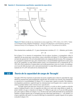 3.2 Concepto general 135
Dr
5 densidad relativa de la arena
Df
5 profundidad de la cimentación medida desde la superficie del terreno
B* 5
2BL
B 1 L
(3.1)
donde
B 5 ancho de la cimentación
L 5 longitud de la cimentación
(Nota: L siempre es mayor que B.)
Figura 3.2 Variación de qu(1)
Y0.5gB y qu
Y0.5gB para placas circulares y rectangulares sobre la superficie
de una arena. (Adaptada de Vesic, 1963). (De Vesic, A. B. Bearing Capacity of Deep Foundations in Sand.
En Highway Research Record 39, Highway Research Board, National Research Council, Washington,
D.C., 1963, Figura 28, p. 137. Reproducida con permiso del Transportation Research Board.)
Corte por
punzonamiento
Cortante local
Densidad relativa, Dr
Cortante
general
1.32
0.2 0.3 0.4 0.5 0.6 0.7 0.8 0.9
10
200
300
400
500
600
700
40
50
60
70
80
90
100
30
20
1.35 1.40 1.45 1.50 1.55 1.60
q
u(1)
1
2
gB
qu(1)
1
2
gB
y
q
u
1
2
gB
qu
1
2
gB
Leyenda
Placa circular de 203 mm (8 pulg)
Placa circular de 152 mm (6 pulg)
Placa circular de 102 mm (4 pulg)
Placa circular de 51 mm (2 pulg)
Placa rectangular de 51  305 mm
(2  12 pulg)
Peso específico seco, gd
Peso específico del agua, gw
Reducida al 0.6
Los signos pequeños indican la primera
carga de falla
 