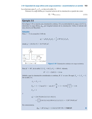 162 Capítulo 3: Cimentaciones superﬁciales: capacidad de carga última
De aquí, al combinar las ecuaciones (3.47) y (3.48) se tiene
qu(excéntrica) 5 qu(céntrica)(1 2 Rk) 5 qu(céntrica) 1 2 a
e
B
k
(3.49)
donde
qu(céntrica) 5 qNqFqd 1
1
2
gBNgFgd (3.50)
Ángulo de fricción, f	 (grados)
Ng(e)
0
0
20
60
40
10 20 30 40
0.2
0.3
0.4
0.1
eyB = 0
Ng(e)
0 115.80
0.1 71.80
0.2 41.60
0.3 18.50
0.4 4.62
e,B
f9 5 408
Tabla 3.7 Variaciones de a y k [ecuación (3.48)].
Df/B a k
0.00 1.862 0.73
0.25 1.811 0.785
0.50 1.754 0.80
1.00 1.820 0.888
Figura 3.17 Variación de Ng(e)
con f9.
 