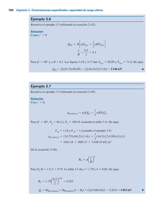 Las relaciones para Fqd
y Fgd
se dan en la tabla 3.4.
Entonces la carga última por longitud unitaria de la cimentación se puede dar como
Qu Bqu(excéntrica) (3.51)
Ejemplo 3.5
En la figura 3.18 se muestra una cimentación continua. Si la excentricidad de la carga es de 0.2 m,
determine la carga última, Qúlt
, por longitud unitaria de la cimentación. Utilice el método del
área efectiva de Meyerhof.
Solución
Para c9 5 0, la ecuación (3.40) da
qu
9 5 qNqFqsFqdFqi 1
1
2
grBrNgFgsFgdFgi
donde q 5 (16.5)(1.5) 5 24.75 kNYm2
.
Para f9 5 40°, de la tabla 3.3, Nq
5 64.2 y Ng
5 109.41. Además,
B 2 (2)(0.2) 1.6 m
Debido a que la cimentación considerada es continua, B9YL9 es cero. De aquí, Fqs
5 1, Fgs
5 1.
De la tabla 3.4,
Fqi F i 1
F d 1
Fqd 5 1 1 2 tan fr(1 2 sen fr)2
Df
B
5 1 1 0.214
1.5
2
5 1.16
y
1
1
2
(16.5)(1.6)(109.41)(1)(1)(1) 5 3 287.39 kN m2
qu
r 5 (24.75)(64.2)(1)(1.16)(1)
En consecuencia,
Qúlt (B )(1)(qu) (1.6)(1)(3287.39) 5260 kN
Figura 3.18 Cimentación continua con carga excéntrica.
Arena
f	  40
c	  0
g  16.5 kN/m3
2 m
1.5 m
3.10 Capacidad de carga última ante carga excéntrica —excentricidad en un sentido 163
 