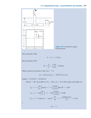 170 Capítulo 3: Cimentaciones superﬁciales: capacidad de carga última
Tabla 3.8 Variación de y con
para cimentaciones circulares.
0.1 2.8 1.85
0.2 2.4 1.32
0.3 2.0 1.2
0.4 1.61 0.80
0.5 1.23 0.67
0.6 0.93 0.50
0.7 0.62 0.37
0.8 0.35 0.23
0.9 0.12 0.12
1.0 0 0
B9,R
A9,R2
eR
9 ,R
eRR
BrR
ArR2
Ejemplo 3.8
En la figura 3.25 se muestra una cimentación cuadrada, con eL
5 0.3 m y eB
5 0.15 m. Suponga
excentricidad en dos sentidos y determine la carga última, Qúlt
.
Solución
Se tiene
eL
L
5
0.3
1.5
5 0.2
y
eB
B
5
0.15
1.5
5 0.1
Este caso es similar al que se muestra en la figura 3.21a. De la figura 3.21b, para eL
YL 5 0.2
y eB
YB 5 0.1,
L1
L
 0.85; L1 5 (0.85)(1.5) 5 1.275 m
y
L2
L
 0.21; L2 5 (0.21)(1.5) 5 0.315 m
De la ecuación (3.58), como eL
YL 5 0.2 .
1
6
5 0.16, y eB
YB 5 10 .
1
6
5 0.16
Ar 5 1
2 (L1 1 L2)B 5 1
2 (1.275 1 0.315)(1.5) 5 1.193 m2
 