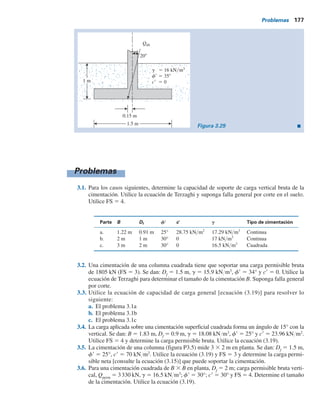 176 Capítulo 3: Cimentaciones superﬁciales: capacidad de carga última
a)
Ángulo de fricción del suelo, f	 (grados)
N
g(ei)
0 10
0
40
80
120
160
20 30 40
0.2
0.3
0.1
eyB = 0
b = 0
b)
Ángulo de fricción del suelo, f	 (grados)
N
g
(ei)
10
0
40
80
20 30 40
0.2
0.3
0.1
eyB = 0
b = 10
c)
Ángulo de fricción del suelo, f	 (grados)
N
g(ei)
20
0
40
20
60
30 40
0.2
0.3
0.1
eyB = 0
b = 20
d)
Ángulo de fricción del suelo, f	 (grados)
N
g(ei)
30
0
20
10
30
35 40
0.2
0.3
0.1
eyB = 0
b = 30
e B 5 0.15 1.5 5 0.1
B 5 1.5 m, q 5 Df
g 5 (1)(16) 5 16 kN m2
, y b 5 20°. De las
figuras 3.27c y 3.28c, Nq(ei)
5 13 y Ng(ei)
5 15. De aquí,
Qúlt 5 (1.5) (16)(13) 1 (1
2)(16)(1.5)(15) 5 582 kN m
Figura 3.28 Variación de Ng(ei)
con f9, eYB y b.
 