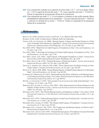 220 Capítulo 4: Capacidad de carga última de cimentaciones superﬁciales: casos especiales
4.2 Repita el problema 4.1 con los datos siguientes: B 5 1.5 m, L 5 1.5 m, Df
5 1 m, H 5 0.6 m,
f9 5 35°, c9 5 0 y g 5 15 kNYm3
. Utilice FS 5 3.
4.3 Consulte la figura 4.2. Datos: B 5 L 5 1.75 m, Df
5 1 m, H 5 1.75, g 5 17 kNYm3
, c9 5 0
y f9 5 30°. Utilizando la ecuación (4.6) y FS 5 4, determine la carga permisible total que
puede soportar la cimentación.
4.4 Consulte la figura 4.2. Una cimentación cuadrada que mide 1.22 3 1.22 m está soportada
por un estrato de arcilla saturada de profundidad limitada sobre un estrato de roca. Datos:
Df
5 0.91 m, H 5 0.61 m, cu
5 115 kNYm2
y g 5 18.87 kNYm3
, estime la capacidad de
carga última de la cimentación.
4.5 Consulte la figura 4.8. Para una cimentación corrida en una arcilla de dos estratos, se
tiene:
 1 18.08 kNym3
, c1 57.5 kNym2
, 1 0
 2 17.29 kNym3
, c2 28.75 kNym2
, 2 0
 B 0.91 m, Df 0.61 m, H 0.61 m
Determine la capacidad de carga permisible total. Utilice un factor de seguridad de 3.
4.6 Consulte la figura 4.8. Para una cimentación corrida en una arcilla de dos estratos, se tiene:
 B 0.92 m, L 1.22 m, Df 0.92 m, H 0.76 m
 1 17 kNym3
, 1 0, c1 72 kNym2
 2 17 kNym3
, 2 0, c2 43 kNym2
Determine la capacidad de carga última total.
4.7 Consulte la figura 4.8. Para una cimentación cuadrada sobre arena estratificada, se tiene:
 B 1.5 m, Df 1.5 m, H 1 m
 1 18 kNym3
, 1 40°, c1 0
 2 16.7 kNym3
, 2 32°, c2 0
Determine la carga permisible neta que puede soportar la cimentación. Utilice FS 5 4.
4.8 Consulte la figura 4.11. Para una cimentación rectangular sobre una arena estratificada, se
tiene:
 B 1.22 m, L 1.83 m, H 0.61 m, Df 0.91 m
 1 15.41 kNym3
, 1 30°, c1 0
 2 16.98 kNym3
, 2 38°, c2 0
Utilizando un factor de seguridad de 4, determine la carga permisible total que puede so-
portar la cimentación.
4.9 Dos cimentaciones superficiales continuas se construyen una al lado de la otra en un
suelo granular. Para la cimentación se tiene: B 5 1.2 m, Df
5 1 m y el espaciamiento
centro a centro 5 2 m. El ángulo de fricción del suelo, f9 5 35°. Estime la capacidad
de carga permisible neta de las cimentaciones. Utilice un factor de seguridad FS 5 4 y un
peso específico del suelo g 5 16.8 kNYm3
.
4.10 Una cimentación continua con un ancho de 1 m se ubica sobre un talud de arcilla. Consulte
la figura 4.14 y con Df
5 1 m, H 5 4 m, b 5 2 m, g 5 16.8 kNYm3
, c 5 68 kNYm2
, f 5 0 y
b 5 60°.
a. Determine la capacidad de carga permisible de la cimentación. Sea FS 5 3.
b. Elabore una gráfica de la capacidad de carga última qu
si b se cambia de 0 a 6 m.
4.11 Se construirá una cimentación continua cerca de un talud hecho de un suelo granular
(consulte la figura 4.14). Si B 5 1.22 m, b 5 1.83 m, H 5 4.57 m, Df
5 1.22 m, b 5 30°,
f9 5 40° y g 5 17.29 kNYm3
, estime la capacidad de carga última de la cimentación. Utilice
la solución de Meyerhof.
 