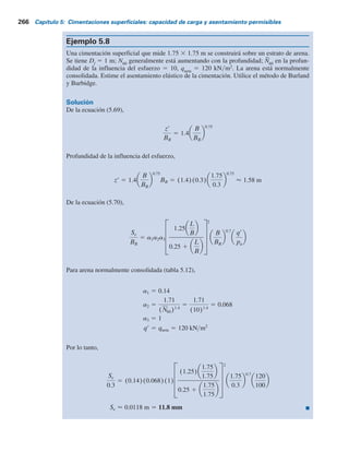 Caso I. Si N60
[o N60(a)
] es aproximadamente constante con la profundidad, se calcula z9 con
zr
BR
5 1.4
B
BR
0.75
(5.65)
donde
BR
5 ancho de referencia 5 0.3 m (si B está en metros)
B 5 ancho de la cimentación real
Caso II. Si N60
[o N60(a)
] aumenta con la profundidad, se utiliza la ecuación (5.65) para
calcular z9.
Caso III. Si N60
[o N60(a)
] disminuye con la profundidad, z9 5 2B o hasta el fondo del estrato
de suelo suave medida desde el fondo de la cimentación (lo que sea menor).
3. Calculo del asentamiento elástico Se
El asentamiento elástico de la cimentación, Se
, se puede calcular con
Se
BR
5 a1a2a3
1.25
L
B
0.25 1
L
B
2
B
BR
0.7
qr
pa
(5.66)
donde
a1
5 una constante
a2
5 índice de compresibilidad
a3
5 corrección para la profundidad de influencia
pa
5 presión atmosférica 5 100 kNym2
L 5 longitud de la cimentación
En la tabla 5.12 se resumen los valores de q9, a1
, a2
y a3
que se utilizarán en la ecuación
(5.70) para varios tipos de suelos. Observe que, en esta tabla, N
–
60
o N
–
60(a)
5 valor promedio de N60
o N60(a)
en la profundidad de influencia de esfuerzo.
Tabla 5.12 Resumen de 1, ,
2 y 3
Tipo de suelo q 1 2 3
Arena normalmente qneta 0.14
consolidada
(si H z )
Arena sobreconsolidada qneta o
7
4
0
.
0 3 1 (si H z )
(qneta c )
donde H 5 profundidad
del estrato compresible
donde
c presión de
preconsolidación
Arena sobreconsolidada qneta 0.67 c 0.14
(qneta c )
0.57
N
2
60 o N
2
60(a)
1.4
0.57
3N
2
60 o N
2
60(a)41.4
a3 5
H
zr
a2 2
H
z9
b
1.71
3N
2
60 o N
2
60(a)41.4
a a a
s
s
s
s
a
5.13 Asentamiento de una cimentación sobre arena basado en la resistencia a la penetración estándar 265
 