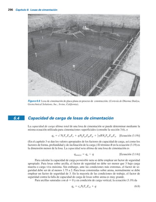 6.3 Tipos comunes de losas de cimentación 295
Las losas se pueden soportar con pilotes, que ayudan a reducir el asentamiento de una es-
tructura construida sobre un suelo altamente compresible. Cuando el nivel freático es alto, las losas
con frecuencia se colocan sobre pilotes para controlar su flotabilidad. En la figura 6.5 se muestra la
diferencia entre la profundidad Df
y el ancho B de cimentaciones aisladas y losas de cimentación. En
la figura 6.6 se muestra una losa de cimentación de placa plana en proceso de construcción.
Figura 6.4 Tipos comunes de losas de cimentación.
Planta
a)
Sección
Planta
e)
Sección
Planta
d)
Sección
Planta
b)
Sección
Planta
c)
Sección
Figura 6.5 Comparación de una cimentación aislada y una
losa de cimentación (B 5 ancho, Df
5 profundidad).
Df
B
Df
B
 