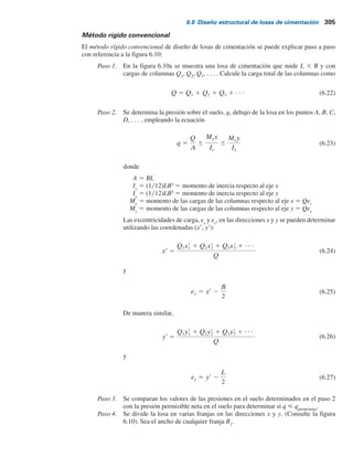 304 Capítulo 6: Losas de cimentación
Para Ia(H2)
,
n2 5
L
H2
5
20
21
5 0.95
m2 5
B
H2
5
15
1.67 1 13.33 1 6
5 0.71
De la figura 5.7, para m2
5 0.71 y n2
5 0.95, el valor de Ia(H2)
es 0.21. De nuevo, para Ia(H1)
,
n2 5
L
H1
5
20
15
5 1.33
m2 5
B
H1
5
15
15
5 1
De la figura 5.7, Ia(H1)
5 0.225, por lo tanto
Dsr
prom(H2 H1) 5 135.2
(21)(0.21) 2 (15)(0.225)
6
5 23.32 kN m2
Por consiguiente, el incremento del esfuerzo debajo del centro del área de 30 3 40 m es (4)
(23.32) 5 93.28 kNym2
. Por lo tanto,
5 142 mm
Sc(p) 5
(0.28)(6)
1 1 0.9
log
208 1 93.28
208
5 0.142 m
Figura 6.9 Asentamiento por
consolidación debajo de una losa
de cimentación.
Nivel freático
Arena
z
Q
2 m
1.67 m
Arena
13.33 m
30  40 m
g  15.72 kNym3
gsat  19.1 kNym3
Arena
6 m
Arcilla normalmente consolidada
 18.55 kNym3
 0.28; eo  0.9
gsat
Cc
6.8 Diseño estructural de losas de cimentación
El diseño estructural de una losa de cimentación se efectúa mediante dos métodos convenciona-
les: el método rígido convencional y el método flexible aproximado. También se pueden utilizar
los métodos de la diferencia finita y del elemento finito, pero en esta sección sólo se analizan los
conceptos básicos de los primeros dos métodos de diseño.
 