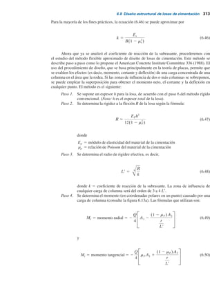 312 Capítulo 6: Losas de cimentación
La ecuación (6.44) indica que el valor de k para una cimentación muy larga con ancho B es
aproximadamente 0.67k(B3B)
.
El módulo de elasticidad de suelos granulares aumenta con la profundidad. Debido a que el
asentamiento de una cimentación depende del módulo de elasticidad, el valor de k aumenta con
la profundidad de la cimentación.
En la tabla 6.2 se indican intervalos comunes de los valores del coeficiente de reacción de
la subrasante, k0.3
(k1
), para suelos arenosos y arcillosos.
Para vigas largas, Vesic (1961) propuso una ecuación para estimar la reacción de la subra-
sante, que es:
kr 5 Bk 5 0.65 12 EsB4
EFIF
Es
1 2 ms
2
o
k 5 0.65
12 EsB4
EFIF
Es
B(1 2 ms
2
)
(6.45)
donde
ES
5 módulo de elasticidad del suelo
B 5 ancho de la cimentación
EF
5 módulo de elasticidad del material de la cimentación
IF
5 momento de inercia de la sección transversal de la cimentación
μs
5 relación de Poisson del suelo
Tabla 6.2 Valores comunes de la reacción
de la subrasante,
k0.3(k1)
Tipo de suelo
Arena seca o húmeda
Suelta
Media
Densa
Arena saturada:
Suelta
Media
Densa
Arcilla:
Rígida
Muy rígida
Dura
8-25
25-125
125-375
10-15
35-40
130-150
10-25
25-50
.50
MN,m3
k0.3(k1).
 