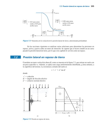 Presión lateral de tierra
7.1 Introducción
Los taludes verticales o casi verticales de suelo se soportan por muros de retención, muros de
tabla-estacas en voladizo, muros de muelles de tabla-estacas, cortes apuntalados y otras estructu-
ras similares. El diseño adecuado de estas estructuras requiere una estimación de la presión lateral
de tierra, que es una función de varios factores, como a) el tipo y la cantidad de movimiento de
los muros, b) los parámetros de la resistencia cortante del suelo, c) el peso específico del suelo y
d) las condiciones de drenaje en el relleno. En la figura 7.1 se muestra un muro de retención de
altura H. Para tipos similares de relleno:
a. El movimiento del muro se puede restringir (7.1a). La presión lateral de tierra sobre el muro a
cualquier profundidad se denomina presión en reposo de tierra.
b. El muro se puede inclinar por el suelo retenido (figura 7.1b). Con suficiente inclinación del
muro, fallará una cuña triangular de suelo detrás del muro. A la presión lateral para esta con-
dición se le refiere como presión activa de tierra.
c. El muro se puede empujar hacia el suelo retenido (figura 7.1c). Con un movimiento suficiente
del muro, fallará una cuña de suelo. A la presión lateral para esta condición se le refiere como
presión pasiva de tierra.
En la figura 7.2 se muestra la naturaleza de la variación de la presión lateral, s9
h
, a una cierta pro-
fundidad del muro con la magnitud del movimiento de éste.
324
Figura 7.1 Naturaleza de la presión lateral de tierra sobre un muro de retención.
a)
Altura = H
s	
h (en reposo)
b)
Altura = H
+ DH
s	
h (activa)
Cuña de
falla del
suelo
c)
Altura = H
– DH
s	
h (pasiva)
Cuña de
falla del
suelo
 