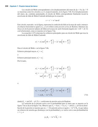 7.3 Presión activa de tierra de Rankine 329
Figura 7.6 Presión activa de Rankine.
Rotación del muro
respecto a este punto
a)
45 
 f	y2 45 
 f	y2
x
Movimiento
del muro hacia
la izquierda
s	
h
s	
o
c	
f	
g
z
H
z
Esfuerzo
cortante
b)
s	
o
s	
h Kos	
o
s	
a
s 
c	 

s	 tan f	
a
b
c
Esfuerzo
normal
efectivo
f	
Ecuación (7.12)
c)
 
H
s	
o Ka 2c	 Ka s	
o Ka 2 2c	 Ka
zc
Pa
2c	 Ka
 