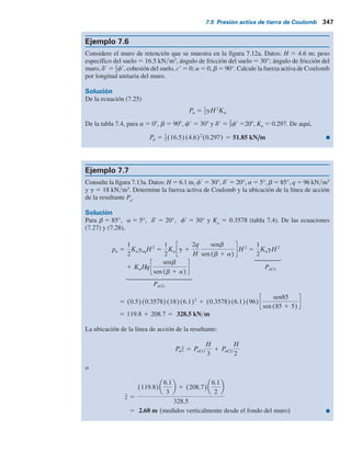 346 Capítulo 7: Presión lateral de tierra
Tabla 7.5 (continuación)
(grados)
(grados) (grados) 90 85 80 75 70 65
36 0.2821 0.3282 0.3807 0.4417 0.5138 0.6004
37 0.2692 0.3147 0.3667 0.4271 0.4985 0.5846
38 0.2569 0.3017 0.3531 0.4130 0.4838 0.5692
39 0.2450 0.2893 0.3401 0.3993 0.4695 0.5543
40 0.2336 0.2773 0.3275 0.3861 0.4557 0.5399
41 0.2227 0.2657 0.3153 0.3733 0.4423 0.5258
42 0.2122 0.2546 0.3035 0.3609 0.4293 0.5122
20 28 0.4614 0.5188 0.5844 0.6608 0.7514 0.8613
29 0.4374 0.4940 0.5586 0.6339 0.7232 0.8313
30 0.4150 0.4708 0.5345 0.6087 0.6968 0.8034
31 0.3941 0.4491 0.5119 0.5851 0.6720 0.7772
32 0.3744 0.4286 0.4906 0.5628 0.6486 0.7524
33 0.3559 0.4093 0.4704 0.5417 0.6264 0.7289
34 0.3384 0.3910 0.4513 0.5216 0.6052 0.7066
35 0.3218 0.3736 0.4331 0.5025 0.5851 0.6853
36 0.3061 0.3571 0.4157 0.4842 0.5658 0.6649
37 0.2911 0.3413 0.3991 0.4668 0.5474 0.6453
38 0.2769 0.3263 0.3833 0.4500 0.5297 0.6266
39 0.2633 0.3120 0.3681 0.4340 0.5127 0.6085
40 0.2504 0.2982 0.3535 0.4185 0.4963 0.5912
41 0.2381 0.2851 0.3395 0.4037 0.4805 0.5744
42 0.2263 0.2725 0.3261 0.3894 0.4653 0.5582
f9
a
b
Sobrecarga = q
H
A
c	 = 0
a)
B
b)
Pa
KagH sen b
sen (b + )
b
a
g
f	
C
sen
Figura 7.13 Presión activa de Coulomb con una sobrecarga sobre el
relleno.
 