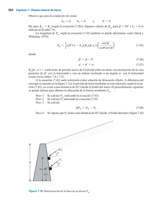 7.7 Presión activa de tierra para condiciones sísmicas 351
cuña de falla del suelo en la figura 7.15 son esencialmente las mismas que las que se muestran en
la figura 7.12a con la adición de Kh
W y Kv
W en las direcciones horizontal y vertical, respectiva-
mente; Kh
y Kv
se pueden definir como
kh 5
componente horizontal de la aceleración del sismo
aceleración debida a la gravedad, g
(7.40)
kv 5
componente vertical de la aceleración del sismo
aceleración debida a la gravedad, g
(7.41)
Igual que en la sección 7.5, la relación para la fuerza activa por longitud unitaria del muro
(Pae
) se puede determinar con
Pae 5 1
2gH2
(1 2 kv)Kae (7.42)
donde
5
sen2
(fr 1 b 2 ur)
cos ur sen2
b sen (b 2 ur 2 dr) 1 1
sen (fr 1 dr)sen (fr 2 ur 2 a)
sen (b 2 dr 2 ur)sen (a 1 b)
2
Kae 5 coeficiente de presión activa de tierra
(7.43)
ur 5 tan21
kh
(1 2 kv)
(7.44)
Figura 7.15 Deducción de la ecuación (7.42).
W
khW
kyW
Relleno granular
H
a
f	
g
c	 = 0
f	
Pae
b
d	
 