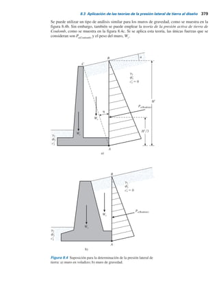 378 Capítulo 8: Muros de retención
0.1 H
a)
0.5 a 0.7 H
0.12 a
0.17 H
0.12
a
0.17 H
mín
0.02
I
0.3 m
mín
Cuerpo
Talón
Puntera
D
b)
0.5 a 0.7 H
0.1 H
mín
0.02
I
0.3 m
mín
D
H
H
0.1 H
Figura 8.3 Dimensiones aproximadas para varios componentes de un muro de retención para la revisión
inicial de su estabilidad: a) muro de gravedad; b) muro en voladizo.
8.3 Aplicación de las teorías de la presión lateral
de tierra al diseño
Las teorías fundamentales para calcular la presión lateral de tierra se estudiaron en el capítulo 7.
Para usar estas teorías en el diseño, un ingeniero debe hacer varias suposiciones simples. En el
caso de muros en voladizo, el uso de la teoría de la presión de tierra de Rankine para las revisio-
nes de estabilidad comprende trazar una línea vertical AB por el punto A, ubicado en el borde del
talón de la losa de base en la figura 8.4a. La condición activa de Rankine se supone que existe a
lo largo del plano vertical AB. Luego se pueden utilizar las ecuaciones de la presión de tierra
de Rankine para calcular la presión lateral sobre la cara AB del muro. En el análisis de la esta-
bilidad del muro, se debe tomar en cuenta la fuerza Pa(Rankine)
, el peso del suelo arriba del talón
y el peso Wc
del concreto. La suposición para el desarrollo de la presión activa de Rankine a
lo largo de la cara AB del suelo es teóricamente correcta si la zona de cortante limitada por
la línea AC no es obstruida por el cuerpo del muro. El ángulo, h, que forma la línea AC con la
vertical es
h 5 45 1
a
2
2
fr
2
2
1
2
sen21 sen a
sen fr
(8.1)
 